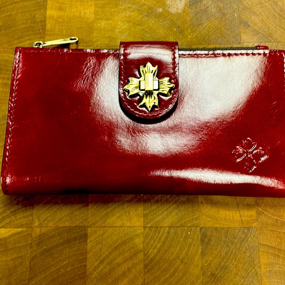Patricia Nash Wine Red Shiny Leather Wallet with Gold Hardware & Turn Clasp